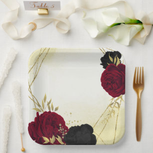 black red flowers gold leaves wedding paper plate