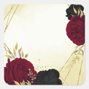 black red flowers gold leaves wedding square sticker