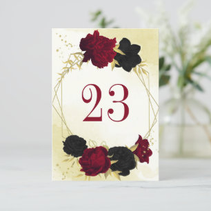 black red flowers gold leaves wedding table number