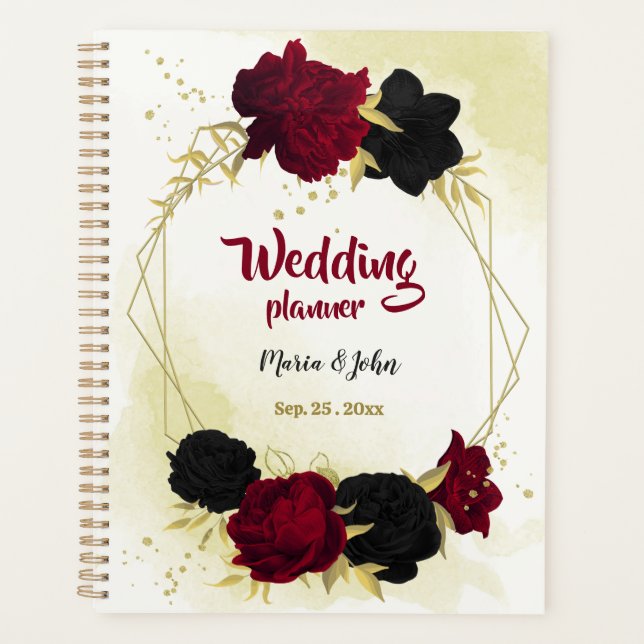 Black & red flowers gold wedding planner (Front)