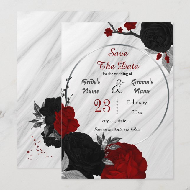 black red flowers grey leaves geometric marble  save the date (Front/Back)
