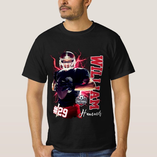 Black Red Football Player Cutom Name & Photo T-Shirt (Front)
