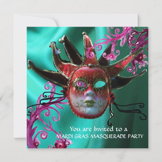 BLACK RED FUCHSIA JESTER MASK ,Masquerade Party Invitation (Front)