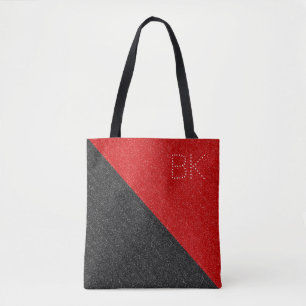 Black Red Glitter Chic Monogram Personalised Tote Bag