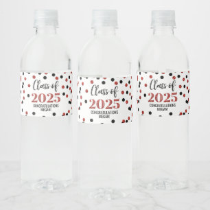 Black Red Glitter Class of 2025 Graduation Water Bottle Label