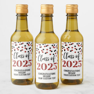 Black Red Glitter Class of 2025 Graduation Wine Label