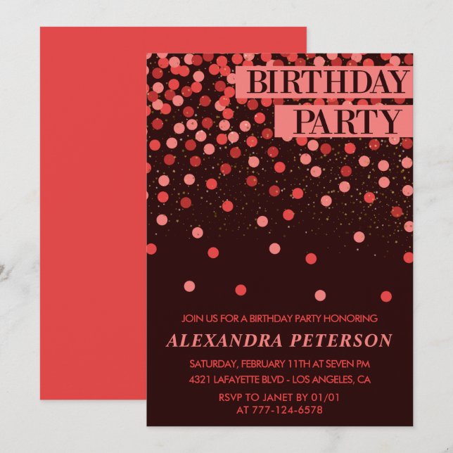 Black Red Glitter Confetti 43rd birthday Invitation (Front/Back)