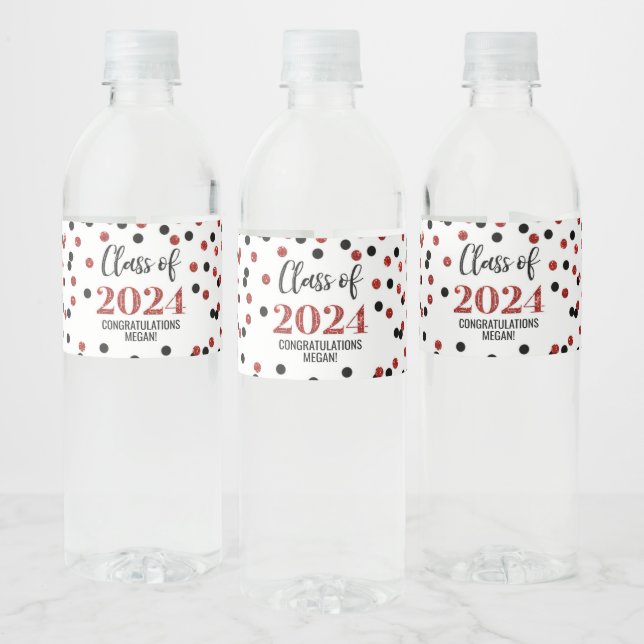 Black Red Glitter Confetti Graduation Water Bottle Label (Bottles)