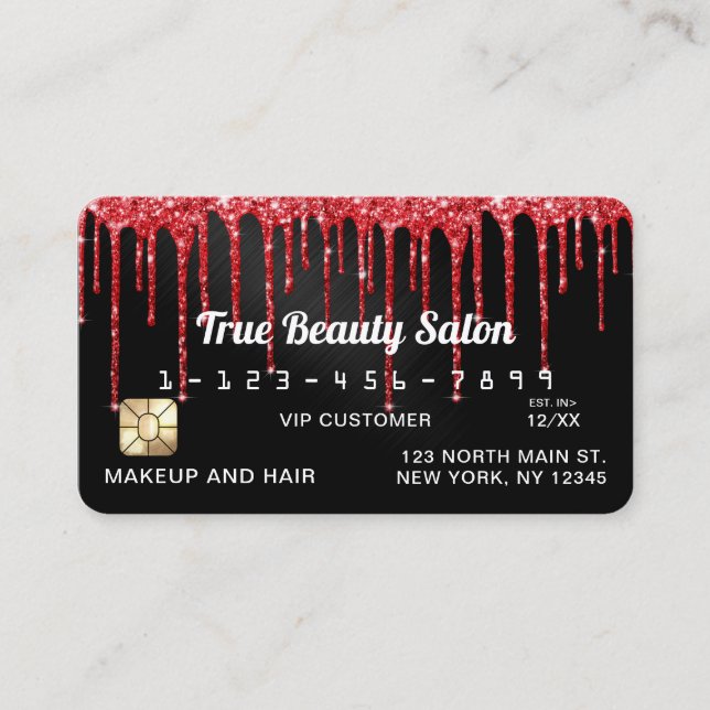 Black Red Glitter Drips Metallic Credit Business Card (Front)