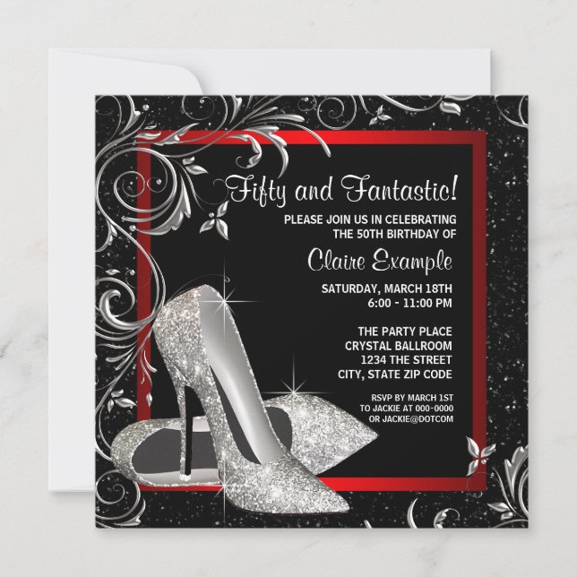 Black Red Glitter High Heels Womans Birthday Invitation (Front)
