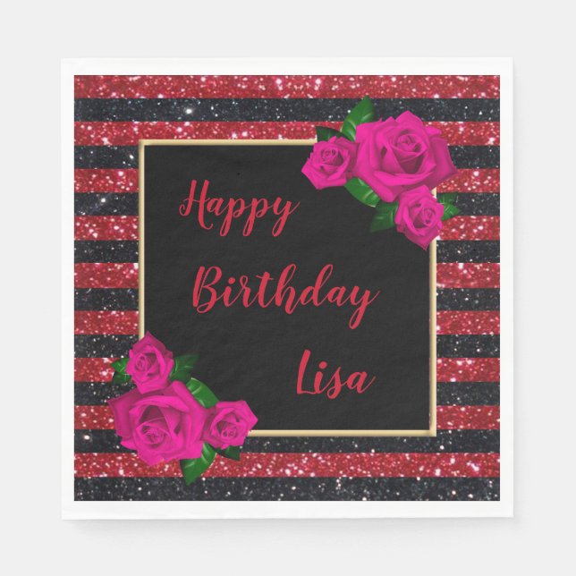 Black Red Glitter Stripes Pink Roses Birthday Napkin (Front)