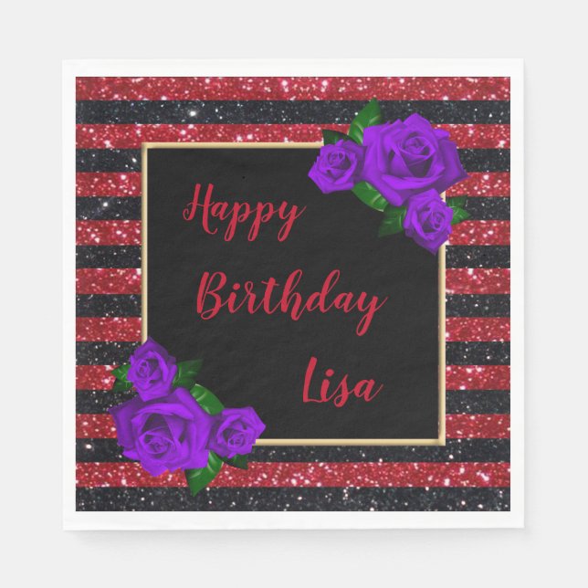 Black Red Glitter Stripes Purple Roses Birthday Napkin (Front)