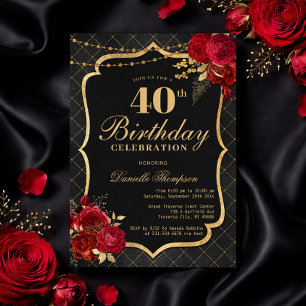 Black, Red & Gold 40th Birthday Invitation