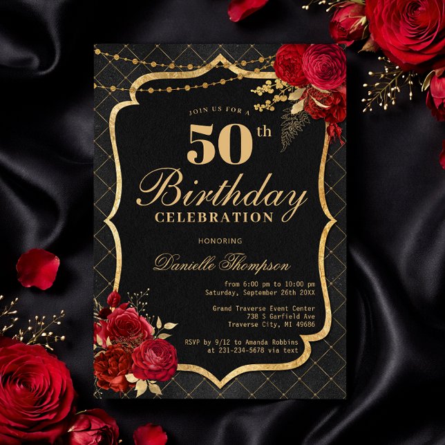 Black, Red & Gold 50th Birthday Invitation (Black, Red & Gold 50th Birthday Invitation with Roses)