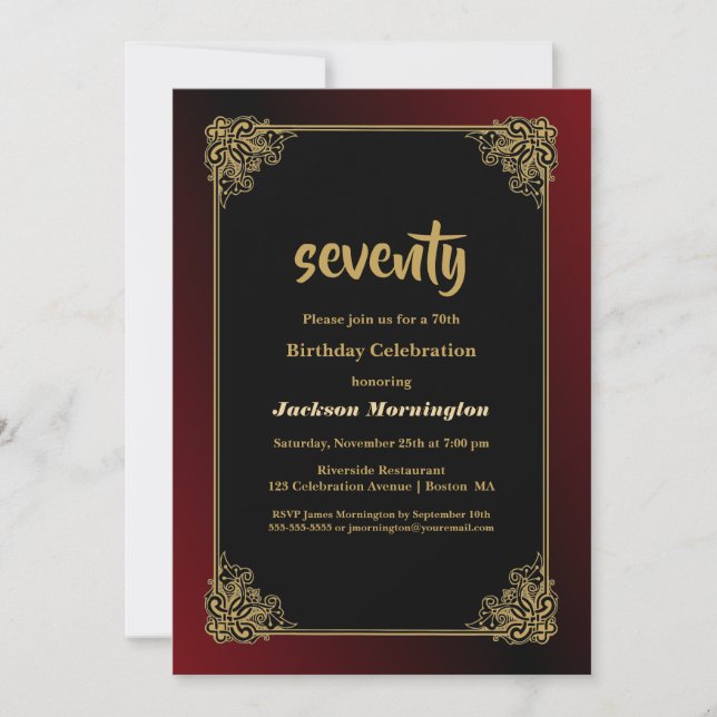 Black Red Gold 70th Birthday Celebration Invitation (Front)