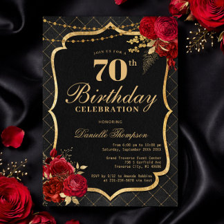 Black, Red & Gold 70th Birthday Invitation