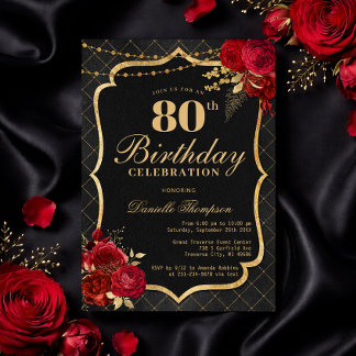 Black, Red & Gold 80th Birthday Invitation