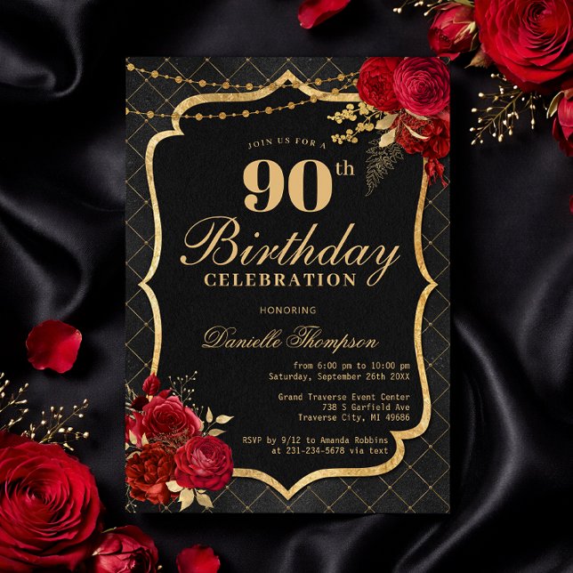 Black, Red & Gold 90th Birthday Invitation (Black, Red & Gold 90th Birthday Invitation with Roses)