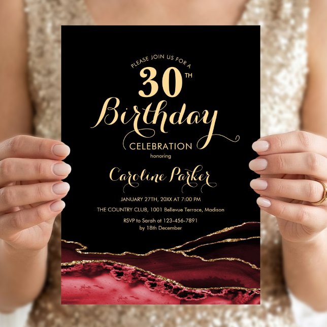 Black Red Gold Agate 30th Birthday Invitation (Creator Uploaded)