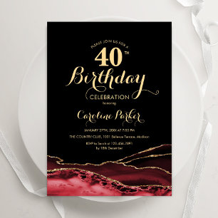 Black Red Gold Agate 40th Birthday Invitation
