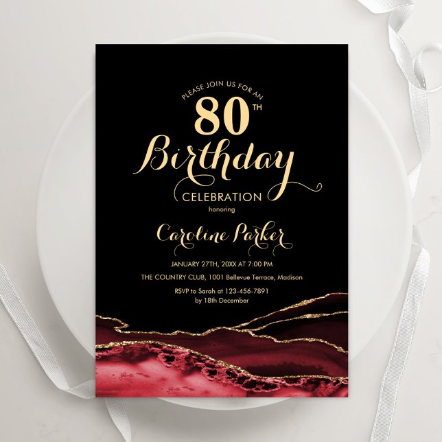 Black Red Gold Agate 80th Birthday Invitation (Creator Uploaded)