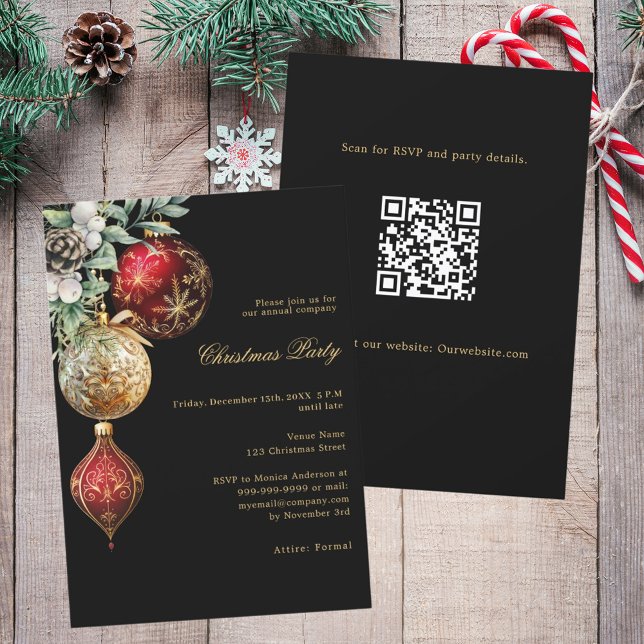 Black red gold baubles business QR Christmas Party Invitation (Creator Uploaded)