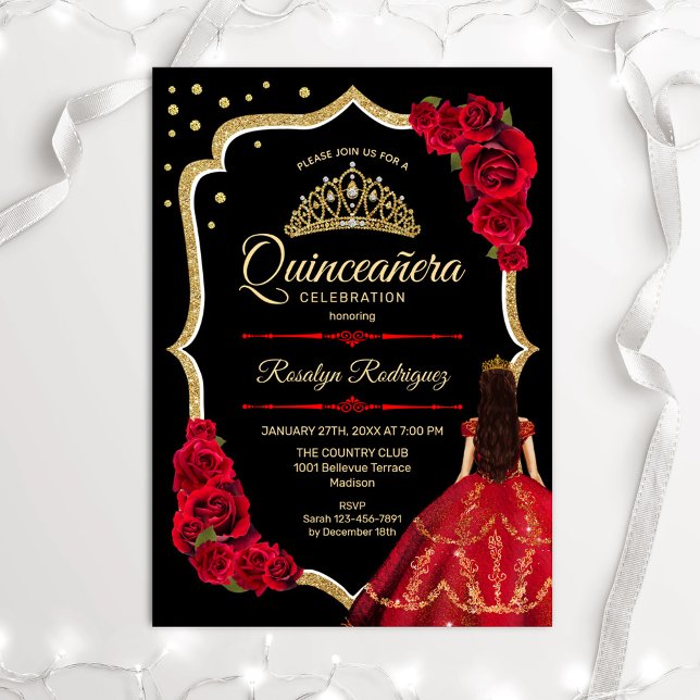 Black Red Gold Dress Quinceanera Invitation (Creator Uploaded)