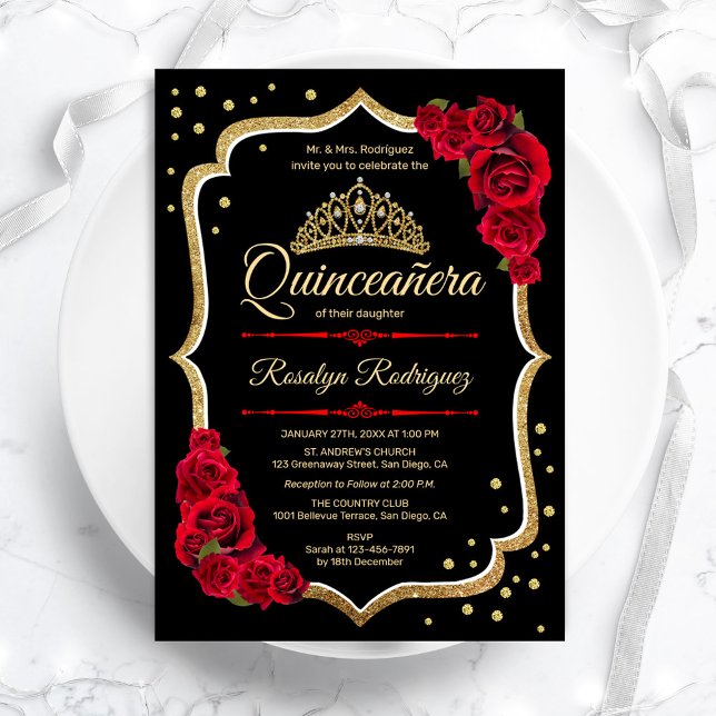  Black Red Gold Elegant Quinceanera Invitation (Creator Uploaded)
