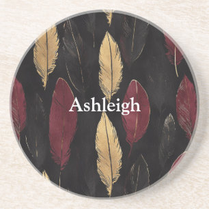 Black Red Gold Feathers Birthday Coaster
