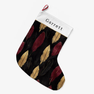 Black Red Gold Feathers Christmas Large Christmas Stocking
