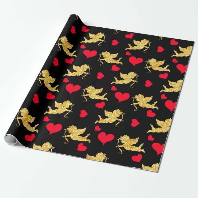 Black Red Gold Heart Pattern Cute Valentine's Day Wrapping Paper (Unrolled)