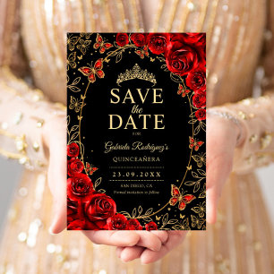 Black Red Gold Quinceanera Floral Save The Date