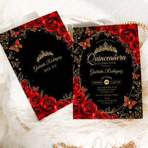 Black Red Gold Quinceanera Invitation