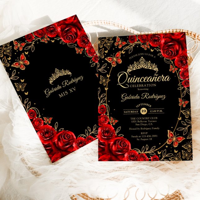 Black Red Gold Quinceanera Invitation (Creator Uploaded)