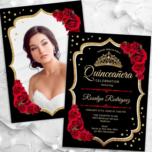 Black Red Gold Quinceanera Photo Invitation (Creator Uploaded)