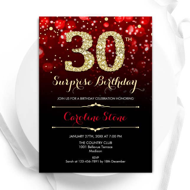 Black Red Gold Surprise 30th Birthday Invitation (Creator Uploaded)
