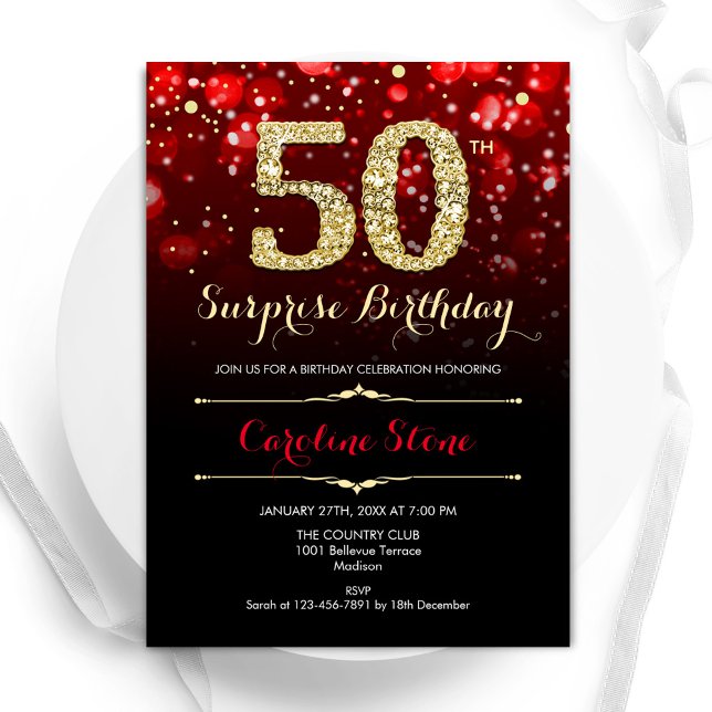 Black Red Gold Surprise 50th Birthday Invitation (Creator Uploaded)