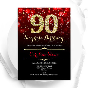 Black Red Gold Surprise 90th Birthday Invitation