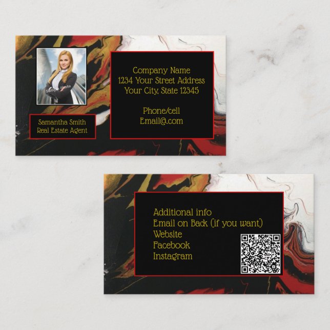 Black Red Gold with Photo with QR code Business Card (Front/Back)
