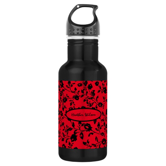 Black Red Gothic Floral Water Bottle with Name (Front)