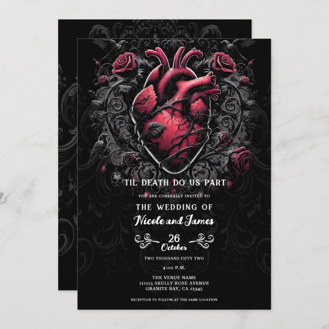 Black & Red Gothic Love Heart Wedding  Invitation (Front/Back)