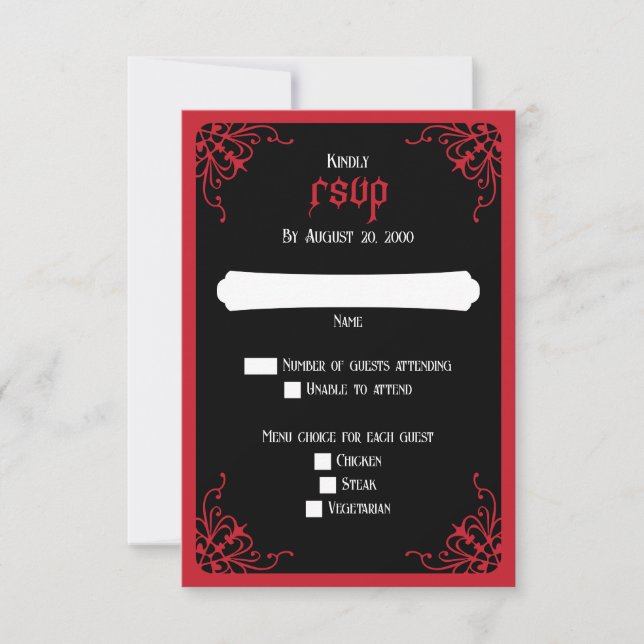 Black Red Gothic Wedding RSVP Card (Front)