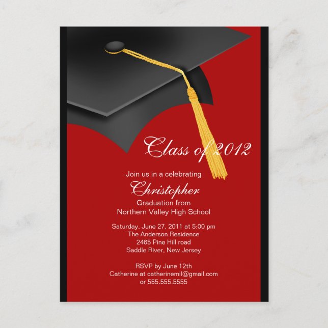 Black Red Grad Cap Graduation Party Invitation (Front)