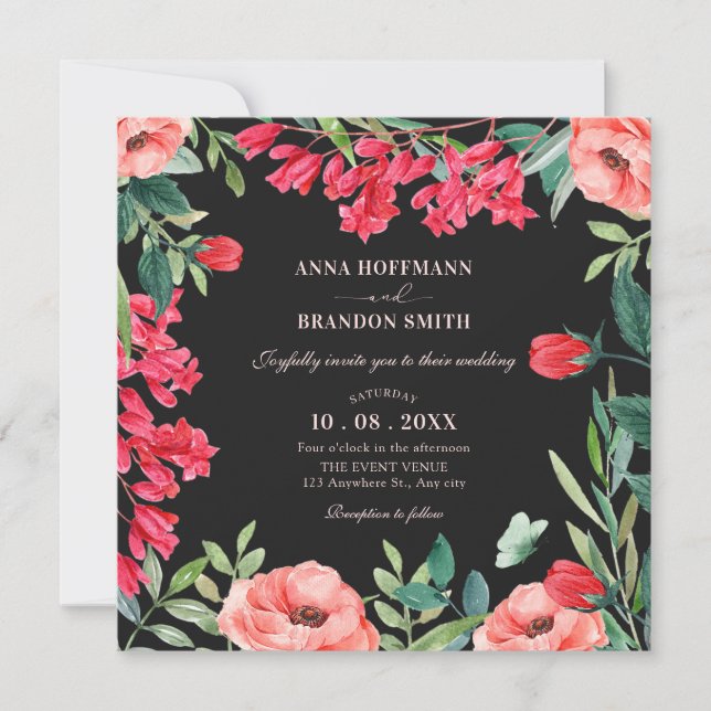 Black Red green floral wreath wedding  Invitation (Front)