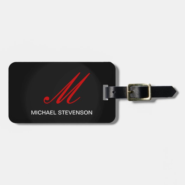 Black Red Grey Monogram Customise Name Bag Tag (Front Horizontal)