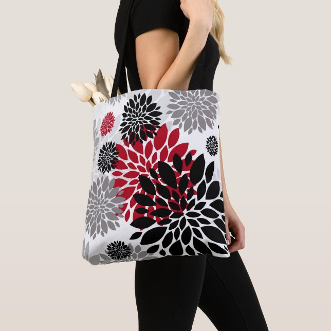 Black Red Grey Oversized Floral Pattern Tote Bag (Close Up)