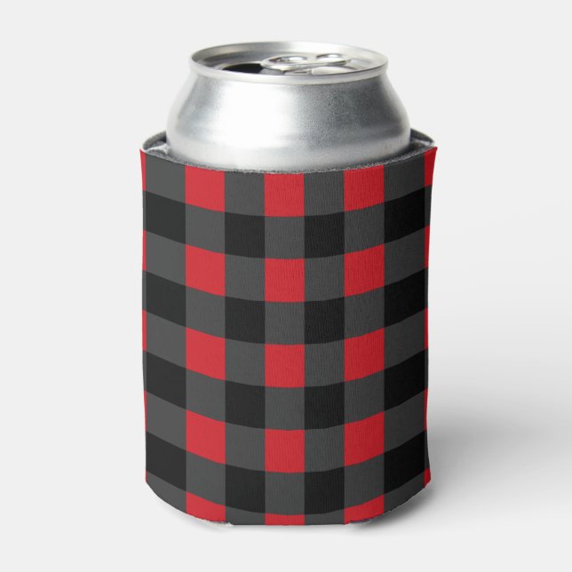 Black Red & Grey Plaid Checked - Can Cooler (Can Front)