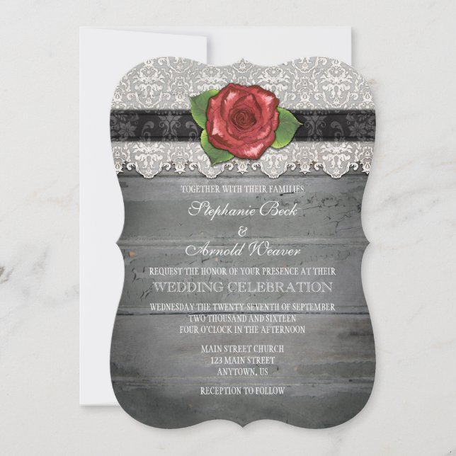 Black Red Grey Rustic Wood Rose Wedding Invite (Front)