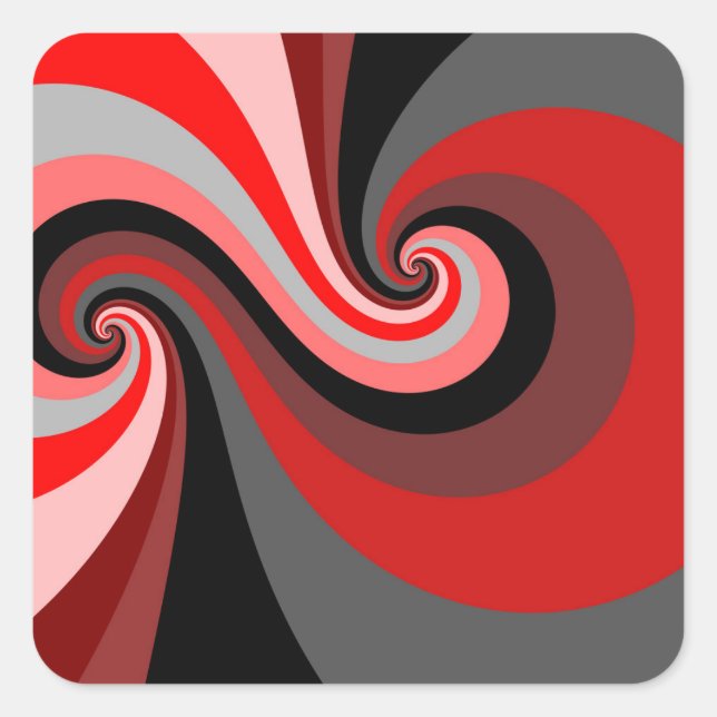 Black Red Grey Swirling Retro Spiral Waves Square Sticker (Front)