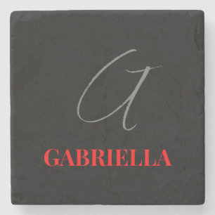 Black Red Grey Your Name Initial Monogram Stone Coaster